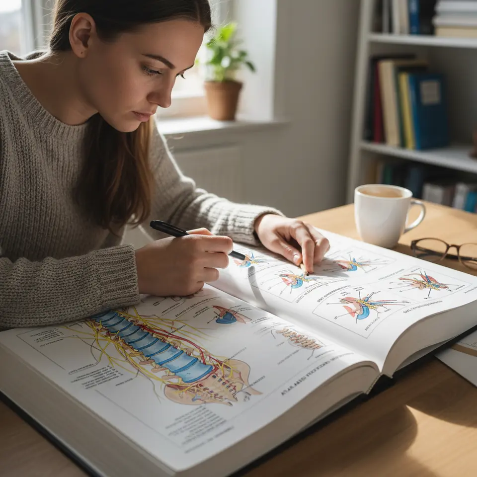 An open, high-resolution anatomical atlas spread depicting the human spine in cross-section—showing detailed vertebral motion segments, intervertebral discs, and surrounding structures like the brachial plexus and lumbar facet joints, with clear labels, color coding, and diagrammatic callouts to illustrate spinal biomechanics.