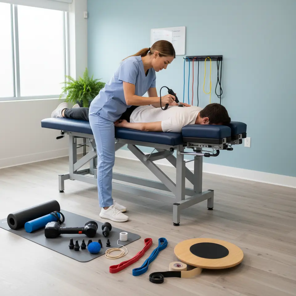 A modern chiropractic treatment room setup featuring a height-adjustable drop table at center, surrounded by instrument-assisted devices (spring-loaded activator, handheld percussion tool with interchangeable tips) and soft-tissue aids (foam rollers, massage balls, resistance bands, balance board, kinesiology tape), arranged to showcase the full suite of hands-on therapeutic equipment.
