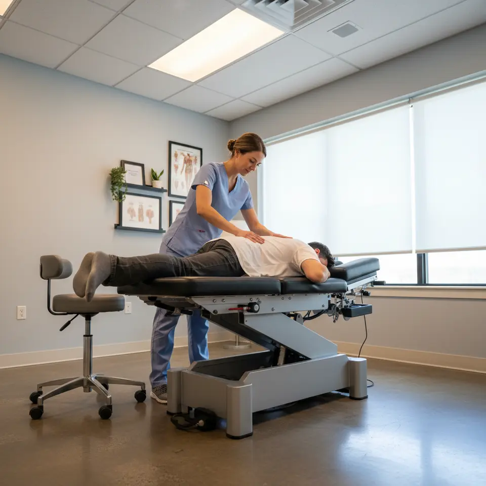 A sleek, modern chiropractic treatment room centered around a hydraulic, drop-piece adjustment table: adjustable height and segmented cervical, thoracic, and pelvic drops; an ergonomic practitioner stool beside it; soft, focused LED lighting overhead highlighting the patient-positioning features.