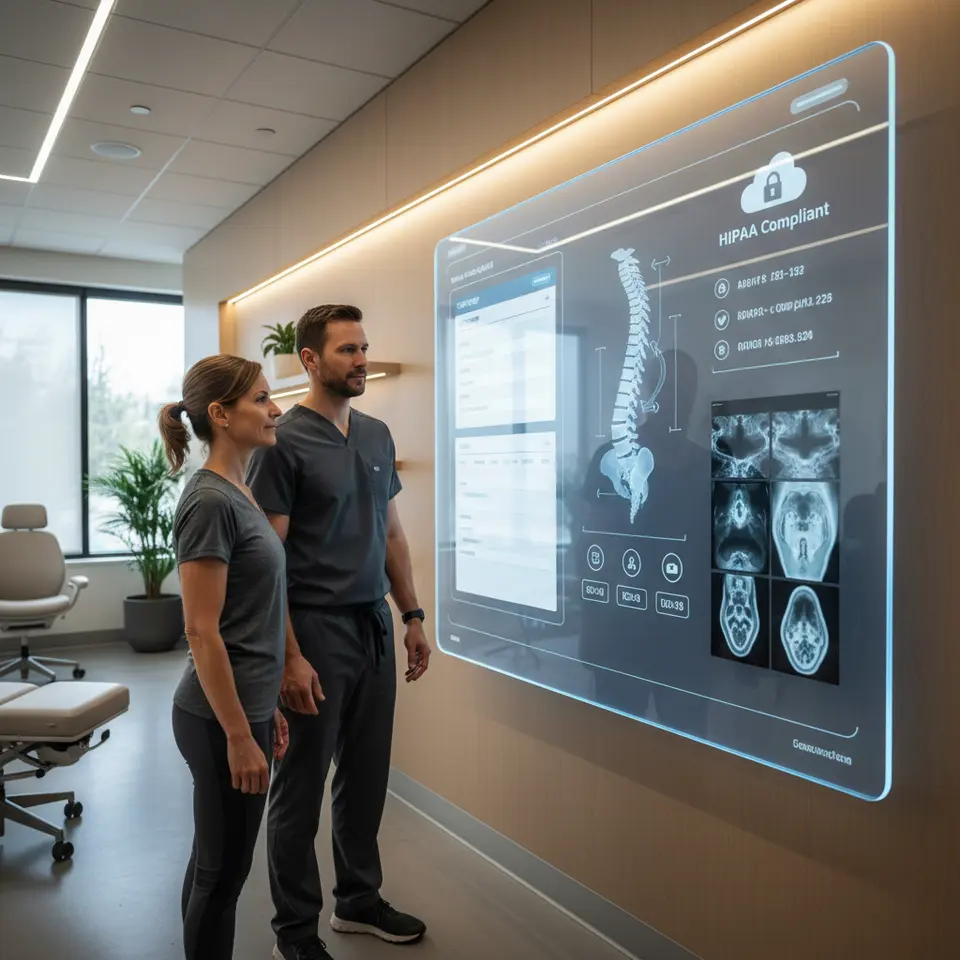 A modern chiropractic office scene showing a clinician reviewing an Electronic Health Record on a large touchscreen display. The interface includes SOAP note templates, spinal range-of-motion graphics, integrated CPT/ICD-10 coding icons, a cloud-storage symbol with a secure lock overlay (HIPAA compliant), and diagnostic imaging thumbnails, all arranged in a clean, futuristic dashboard.