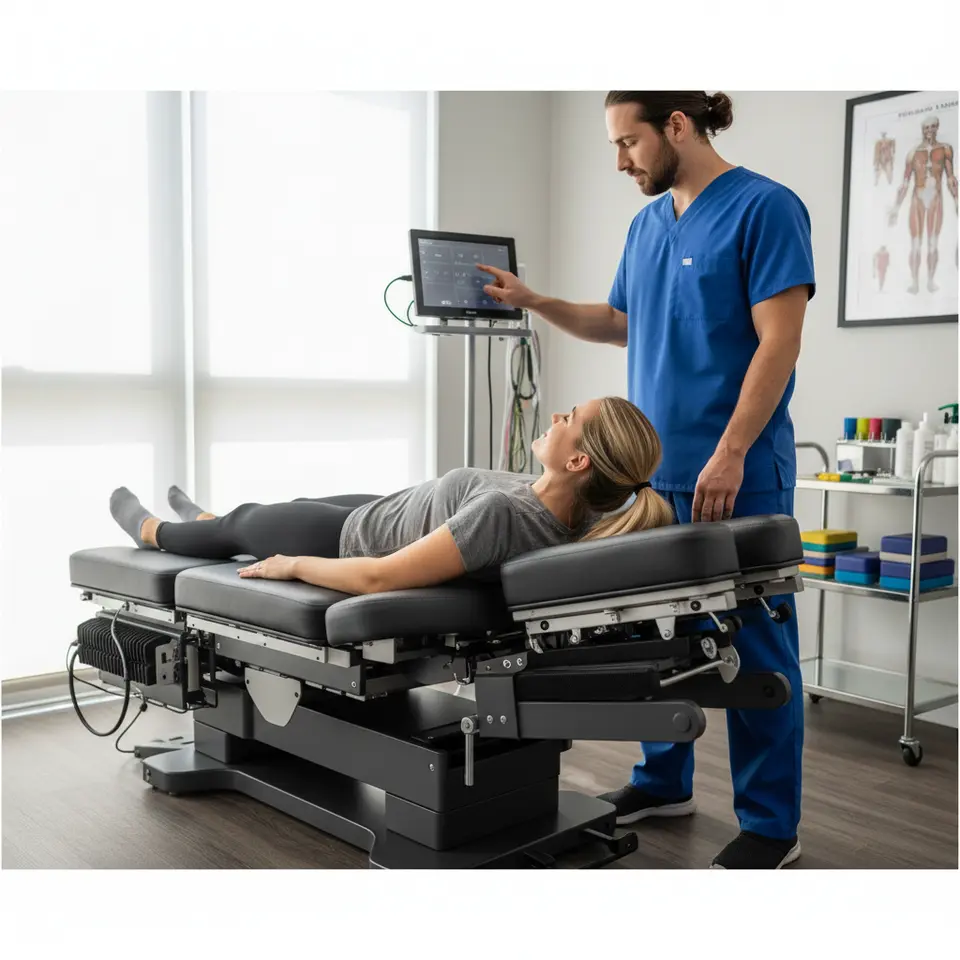 Manual Adjusting Tables and Tools: A modern chiropractic treatment room featuring an ergonomic, multi-function adjusting table with drop-piece sections, flexion-distraction capabilities, and inversion settings. The scene shows a clinician adjusting the table’s height and tilt controls while a patient lies comfortably, highlighting quick-release components, adjustable padding, and dynamic movement.