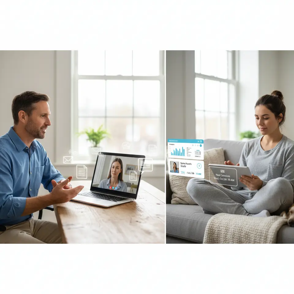 Telehealth Solutions: A split-screen illustration of a telehealth consultation—a chiropractor in a well-lit office using a laptop with HD video conferencing, secure messaging icons floating around, and digital document exchange. On the other side, a patient at home follows along, with integrated EHR data panels and appointment reminders visible in the interface.