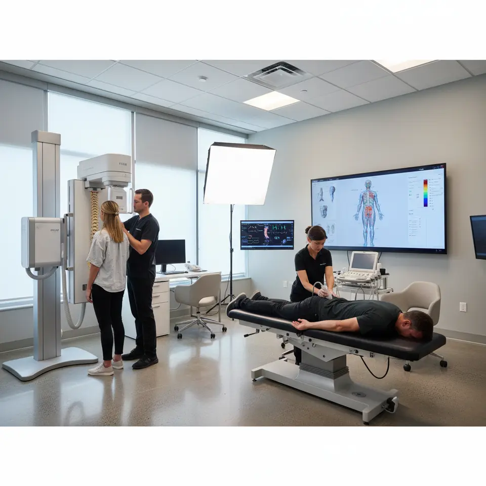 A sleek chiropractic clinic setting featuring advanced diagnostic and imaging solutions: a high-resolution DRX Plus digital X-ray machine capturing spinal alignment, an EOS imaging system displaying a 3D reconstruction of a patient’s posture on a wall-mounted screen, and a chiropractor using a portable ultrasound device on the patient’s lower back, all in a clean, modern treatment room with medical monitors and ergonomic furnishings.