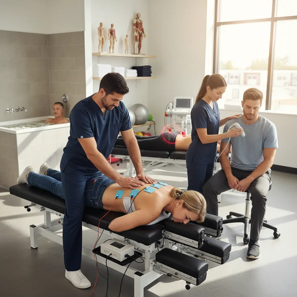 A dynamic montage of therapeutic modalities and clinic equipment in action: a patient lying on an adjustable drop-mechanism chiropractic table receiving a manual adjustment, adjacent electric muscle stimulation (TENS/EMS) pads on muscle groups, a handheld ultrasound therapy wand gliding over an inflamed shoulder, a cold laser therapy device emitting a soft red beam onto the lumbar region, and a corner hydrotherapy station with warm water bath—set against a bright, professional clinical backdrop.